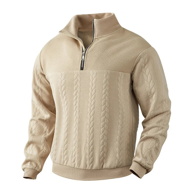 2025 New Men'S Casual Stand-Up Collar Zipper Pullover Loose Knitted Jacquard Autumn and Winter Long-Sleeved Sweater Men'S Top